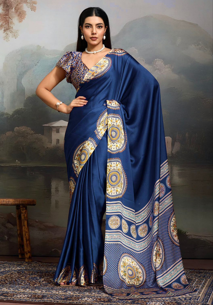 Pure Satin Ajrak Printed Saree - Super Sarees
