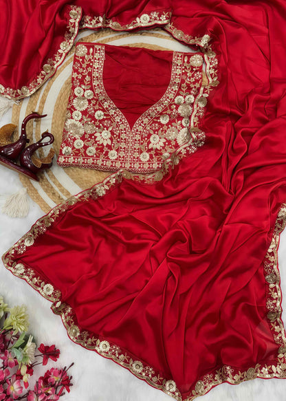 Designer Red Color Soft Saree