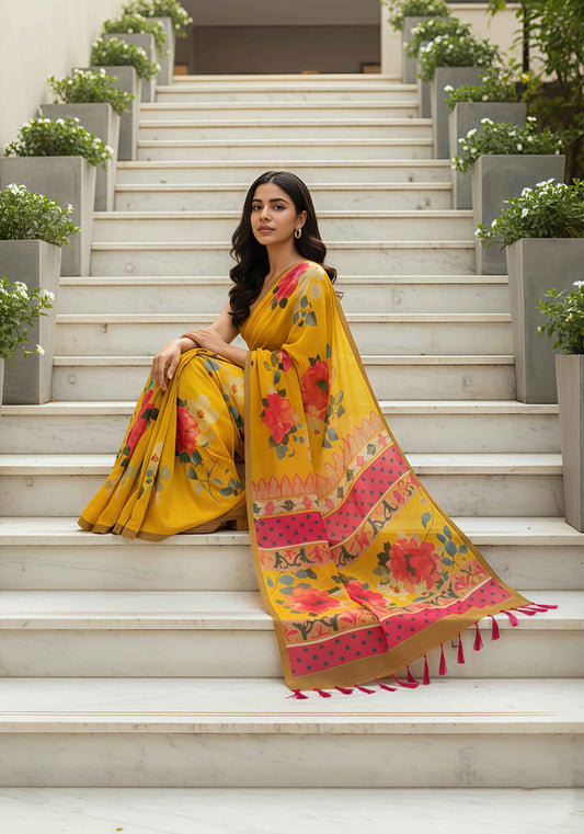 Tissue Linen Floral Print Saree